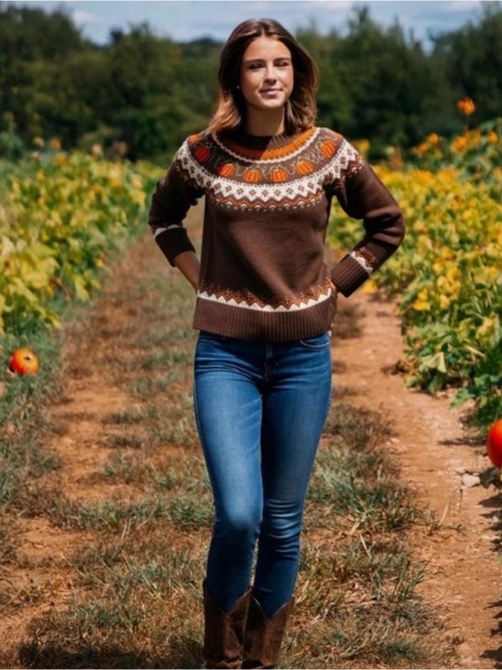 Pumpkin Fair Isle Wool Blend sz L Brown Fall Spooky Trendy